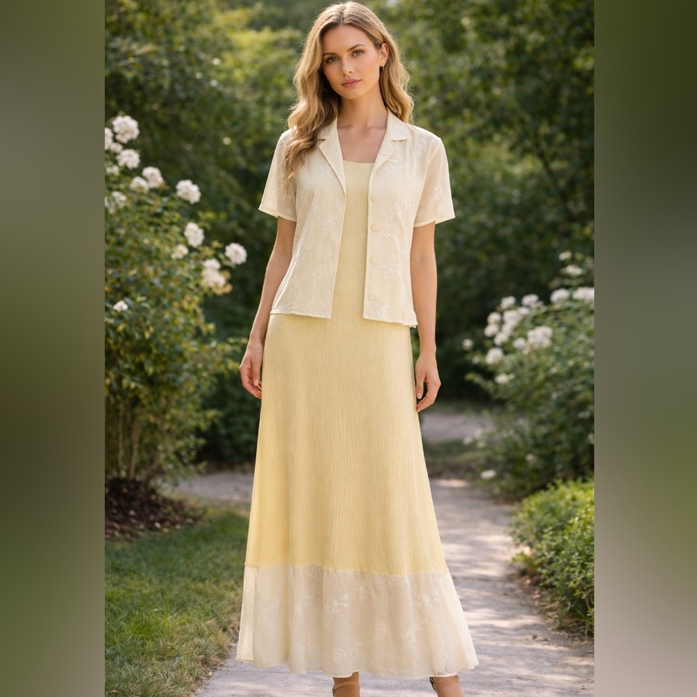 Vintage Pale Yellow Gauzy Maxi Dress & Sheer Embroidered Top Set M (8/10)
